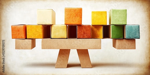 Colorful Block Arrangement on Miniature Cardboard Structure Concept