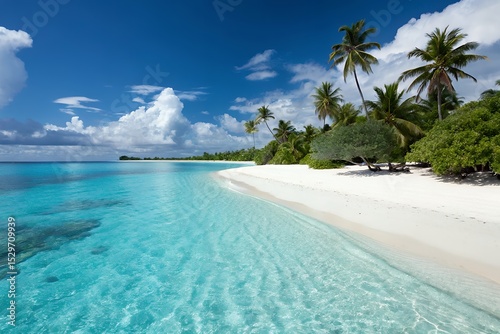 Stunning Tropical Beach Paradise Crystal Clear Waters, White Sand, and Lush Palm Trees