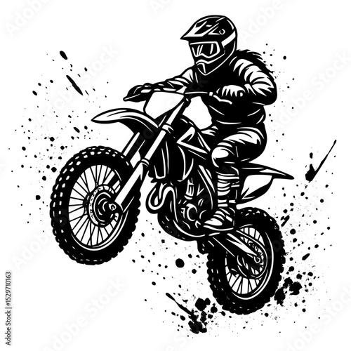 Black motorcycle sport bike vector silhouette on the road with a biker, extreme speed race transport illustration