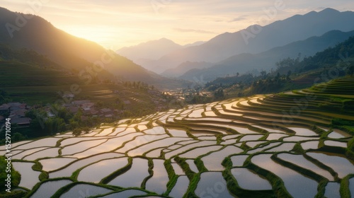 A serene landscape showcasing terraced rice fields glistening at sunset, surrounded by majestic mountains, Ideal for travel articles, nature blogs, or agricultural projects,