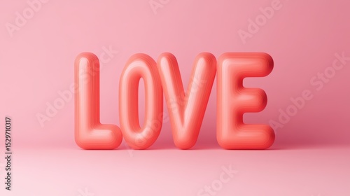 Bright and playful 3D text spelling LOVE in a soft coral hue, set against a matching pink backdrop, Ideal for romantic themes, weddings, or social media posts celebrating affection,