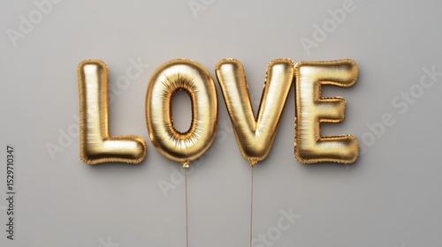 A set of shiny gold foil balloons spelling LOVE against a neutral background, perfect for romantic promotions, wedding decorations, or Valentine's Day celebrations,