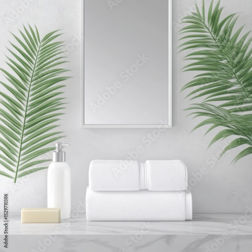 A serene bathroom scene featuring neatly stacked white towels, a pump bottle and a bar of soap, framed by lush green palm leaves and a mirror, Ideal for wellness, spa, or home decor concepts,