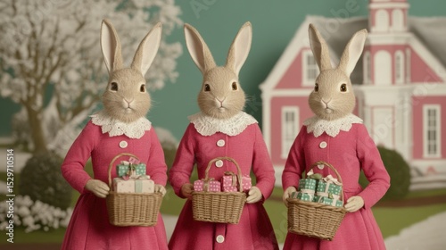 Three charming rabbits dressed in pink attire hold festive baskets filled with gifts, set against a whimsical backdrop of a pastel house, Ideal for springtime themes, celebrations
