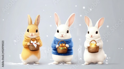 Three cute rabbits in cozy sweaters hold baskets in a snowy setting, perfect for seasonal promotions, children's books, or holiday-themed designs,