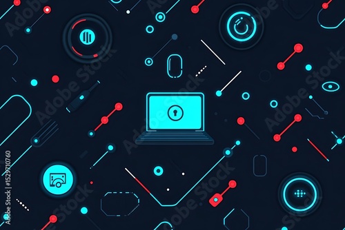 Futuristic Cyber Security Design with Encrypted Laptop Illustration