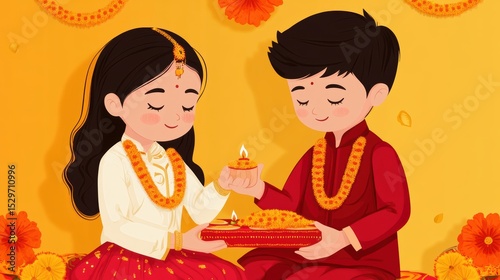 A colorful illustration of two children celebrating a festival, exchanging a ceremonial lamp and decorated with floral garlands