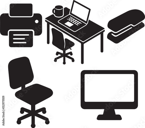 Streamlined Workspace Essential Office Equipment Icons for Productivity and Efficiency