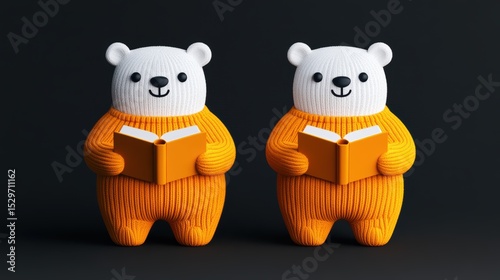 Two cute, plush bear figures in cozy orange outfits are holding open books, set against a dark background, This whimsical image can be used for children's book promotions, educational materials