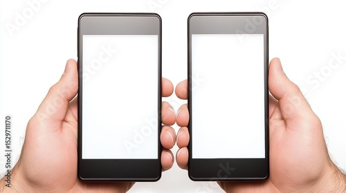 Two hands hold identical blank smartphones, ideal for showcasing mobile app development or marketing, Great for illustrating technology trends, user interfaces, or digital communication concepts,