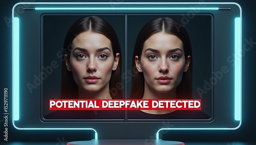 A split-screen image featuring two similar female faces with a glowing blue border, highlighting a deepfake detection alert.