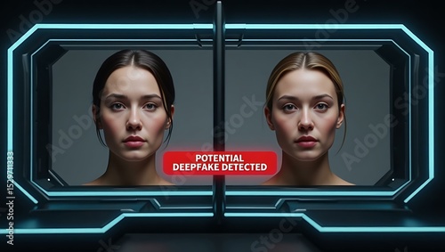 Two women with neutral expressions, framed in a high-tech interface, highlighting deepfake detection technology.