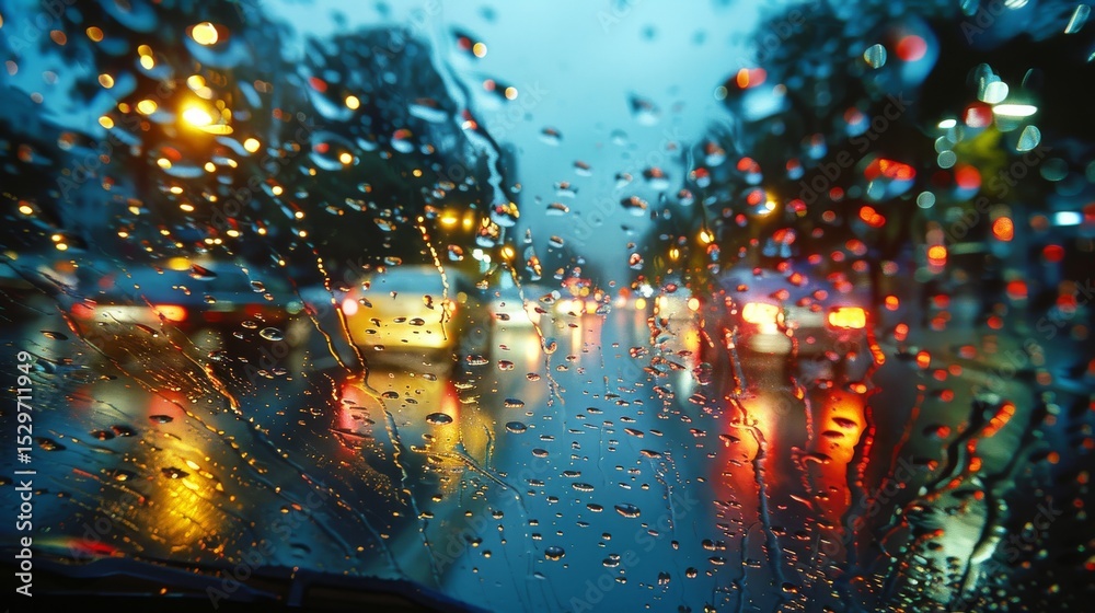 Obraz premium Raindrops cling to a glass surface, blurring the view of colorful lights and vehicles outside, creating a moody atmosphere that evokes feelings of tranquility and reflection.