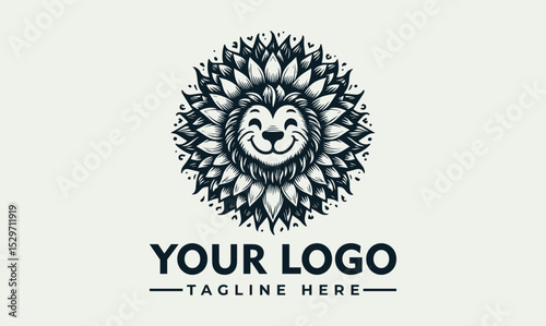 Happy lion illustration with a mane made of stylized leaves in black and white. Nature and animal concept