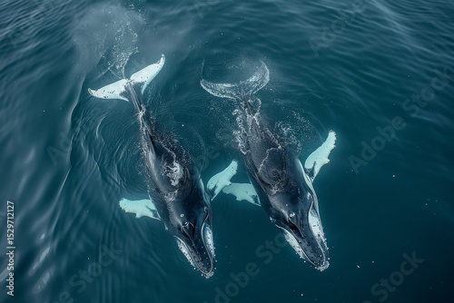 Experience the breathtaking beauty of two whales gracefully swimming side by side in the deep blue sea, embodying the serenity and majesty of ocean wildlife and nature.