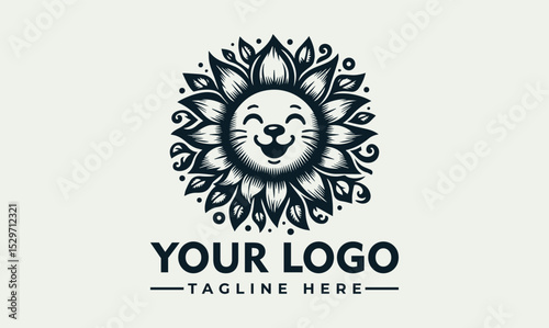 Happy lion illustration with a mane made of stylized leaves in black and white. Nature and animal concept