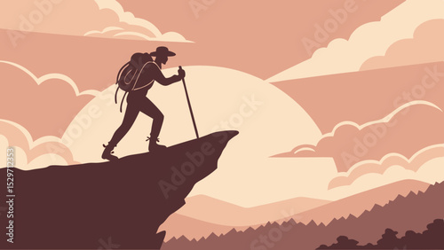 Here's your sentence:

Silhouette illustration of a man on a mountain at sunset, a person enjoying nature and travel