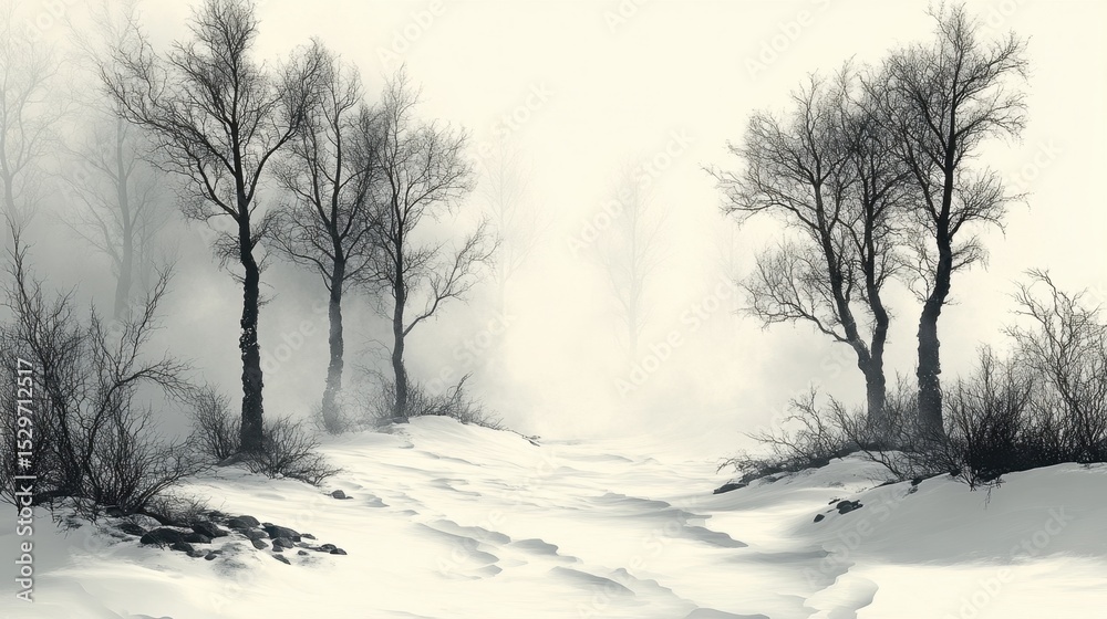 Black, white winter landscape with silhouettes of bare trees in fog. Scene evokes cold weather, atmospheric mood. Illustration represents nature, seasons change. Calm, zen ambiance, minimalist art. Black, white winter landscape with silhouettes of bare trees in fog. Scene evokes cold weather, atmospheric mood. Illustration represents nature, seasons change. Calm, zen ambiance, minimalist art.