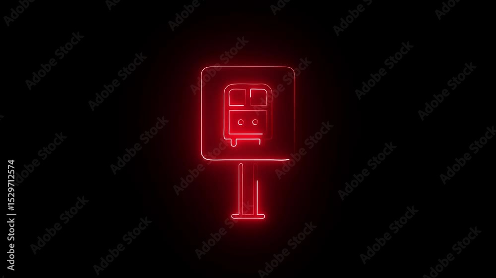 Futuristic Neon Bus Icon on Dark Background. Neon Red Bus Sign Illuminated on Shadowed Street. Neon Transit Stop Marker on Dark Highway Scene.
