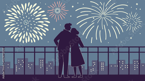 Couple silhouette vector illustration of people in love on a romantic city night sky with the moon
