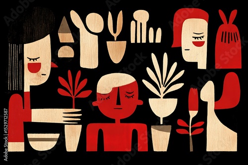 Stylized botanical arrangement featuring people, flora, and geometric shapes