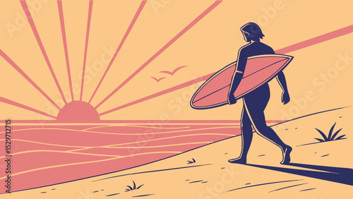 A woman walks her surfboard along a hot, summer beach at sunset