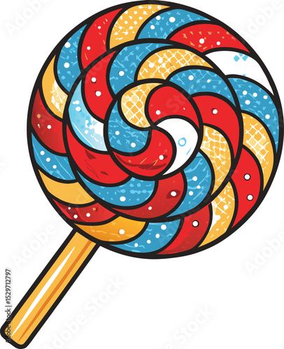 Colorful Swirl Lollipop Illustration with Retro Texture on White Background