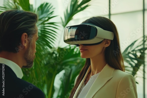 A woman wearing a VR headset experiences immersive technology, while a man observes nearby in a lush green setting.