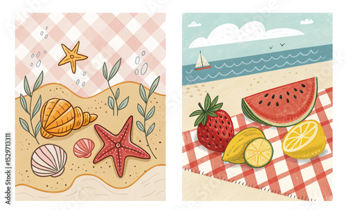 Naive drawing set of two vector images for summer beach decor: seashells on the sand and fresh fruits on a picnic blanket