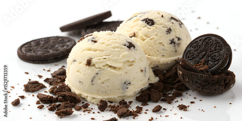 Speciality American oreo ice cream with crushed cookies alongside as ingredients isolated on white showing the texture of the scoop