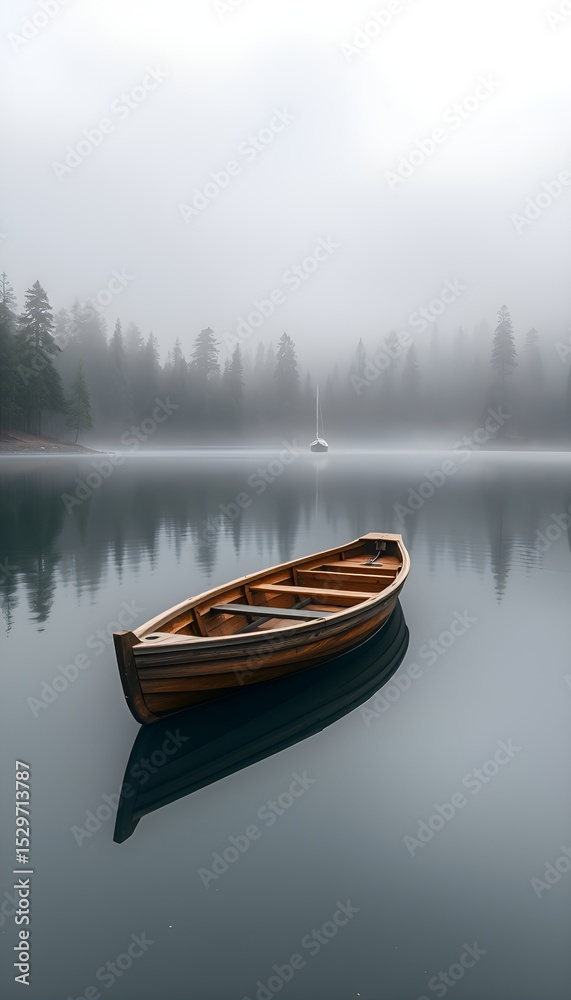 Naklejka premium Serene wooden rowboat floats on a misty lake with forest backdrop