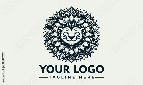 Happy lion illustration with a mane made of stylized leaves in black and white. Nature and animal concept