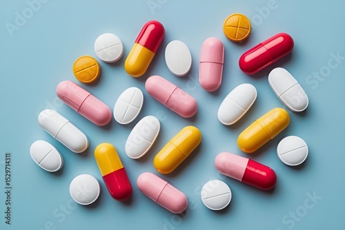 Colorful Pills Flat Lay on Pastel Blue Background – Top View Medical Concept