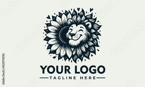 Happy lion illustration with a mane made of stylized leaves in black and white. Nature and animal concept