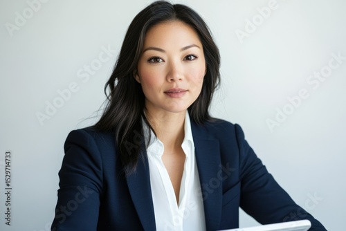 Confident Asian businesswoman in a navy blue blazer, exuding professionalism and success.