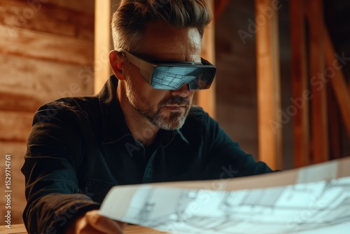 A man wearing smart glasses reviews architectural blueprints, likely for construction or renovation project.