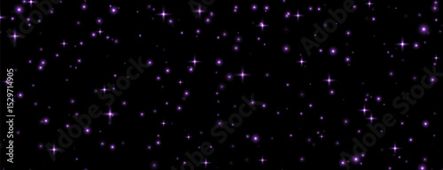 Purple stars background, shiny sparkles overlay, magic flares, starry night concept. Vector illustration.