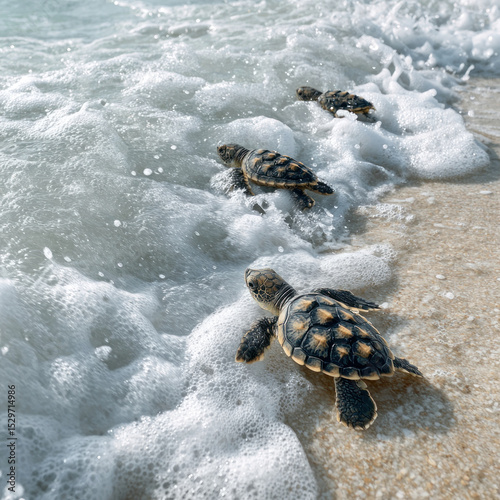 Tiny baby turtles crawl towards the gentle waves on a sandy shore during early morning light, seeking the ocean