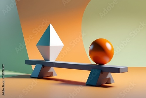 Minimal 3D Seesaw Scene with Geometric Shapes and Gradient Background