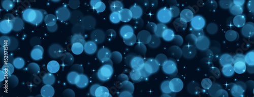 Blue bokeh with stars and sparkles, shiny overlay decoration, abstract Christmas background. Vector illustration.