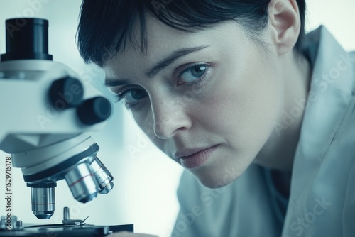 A focused scientist intensely examines a specimen through a high-powered microscope, engrossed in research.