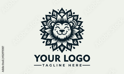 Happy lion illustration with a mane made of stylized leaves in black and white. Nature and animal concept