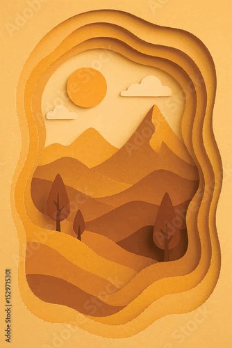 Layered Paper Cut Mountain Landscape Sun, Clouds, and Hills in Warm Autumnal Hues - Artistic Papercraft Design