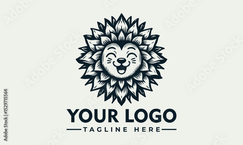 Happy lion illustration with a mane made of stylized leaves in black and white. Nature and animal concept