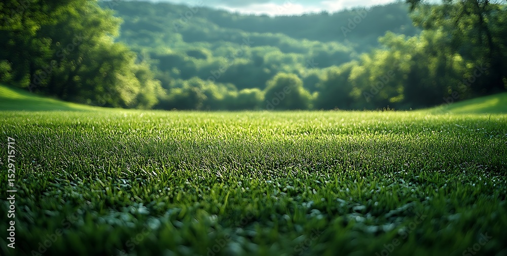 Fototapeta premium Green Grassy Field with Lush Outdoor Background and Space for Text