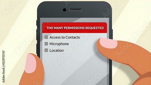 A close-up of a hand holding a smartphone displaying a notification about excessive permission requests.