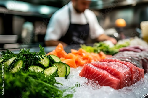 Fresh Tuna Fillet with Vegetables on Ice Restaurant Display photo