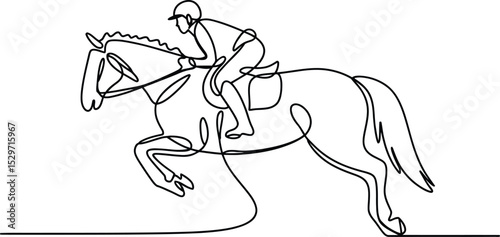 A single-line drawing of an equestrian jumping a horse