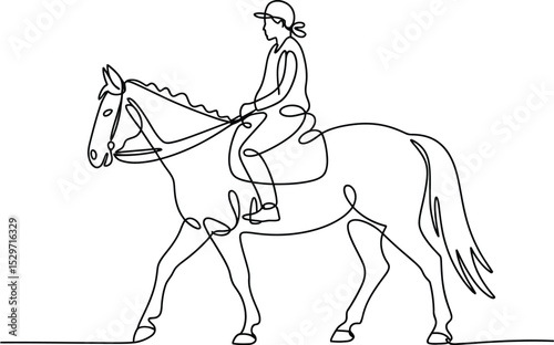 A single-line drawing of a person riding a horse, showcasing equestrian elegance and grace.
