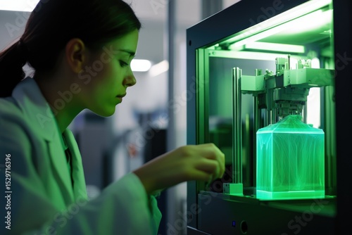 A female scientist meticulously monitors a 3D printer creating a glowing green object.